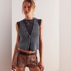 Free People Cotton Chunky Knit Button Front Vest in Slate
